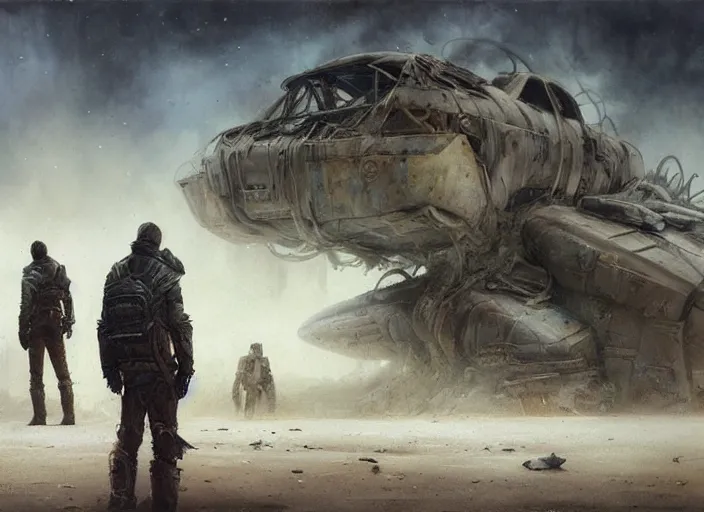 Image similar to concept art of men exploring a long abandoned planet, wreckage of trailers, dystopian atmosphere, apocalyptic road warrior vibe, an ultrafine detailed painting by by karol bak and filip hodas, trending on deviantart, pop surrealism, whimsical, lowbrow, perfect symmetrical face, sharp focus, octane, masterpiece, art by hans giger and wayne barlowe