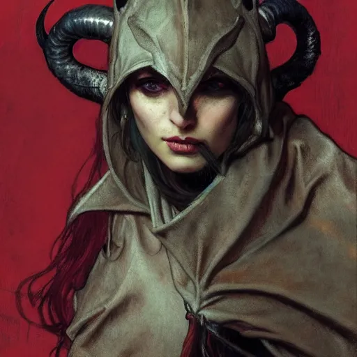 Prompt: masterpiece portrait of a surly and resentful female tiefling thief with horns clothed in ragged leather armor and a cloak, by Greg Rutkowski and John Collier and Krenz Cushart and Artem Demura and Alphonse Mucha and Albert Aublet, as seen on ArtStation, 4k, dungeons and dragons, very aesthetic, very detailed, intricate, unreal, fantasy, dramatic, painterly, artstation, sharp focus, smooth