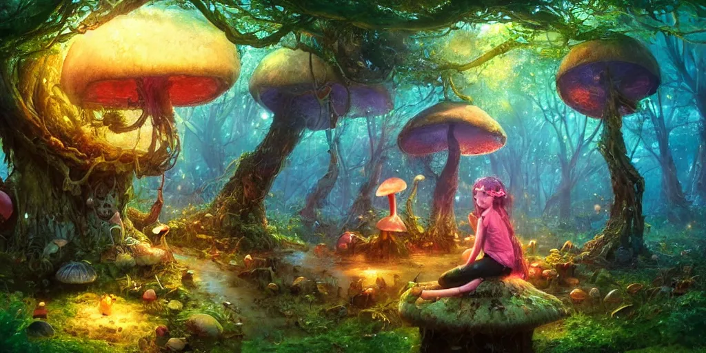 Image similar to ”young girl sitting by a mushroom and playing a flute, giant mushroom houses in a mysterious fantasy forest, [bioluminescense, rope bridges, art by wlop and paul lehr, cinematic, colorful]”