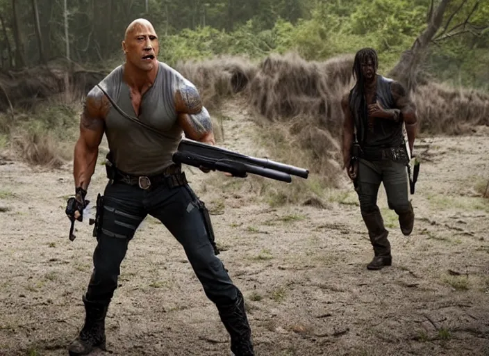 Image similar to film still of dwayne the rock johnson as daryl dixon in the new walking dead tv series, 4 k
