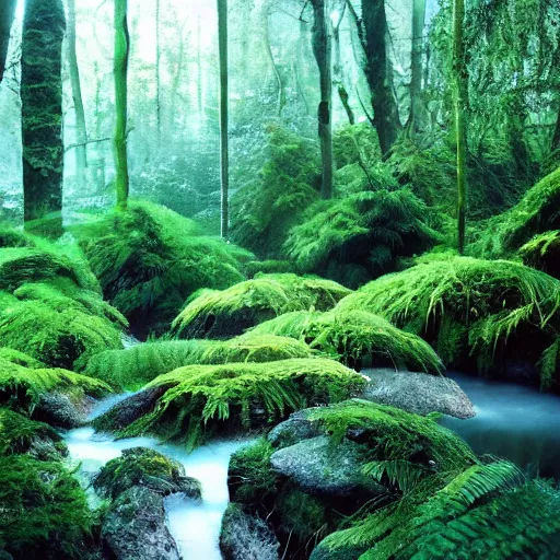 Image similar to 1 0 round pools of water in an open forest, the wood between the worlds, narnia, cs lewis, lush green forest, moss and ferns, ferns,