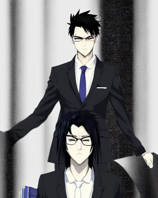 Prompt: anime style portrait, Young Adult Male in business suit. Cyberpunk style, corporate styled pure black hair, Pale skin, blank facial expression, Simple professional fitting suit, library background illustrated by Nai_ Ga Artstation