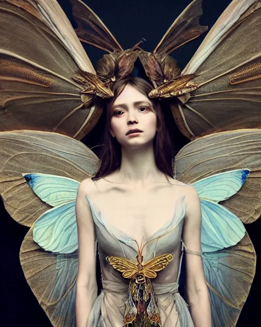 Image similar to Moth Fairy Maiden with large moth like wings wearing ornate dress by Ruan Jia and Andrei Riabovitchev, featured on Artstation, Hyperdetailed, stylized, realistic oil on linen, masterpiece, fantasy, dark academia