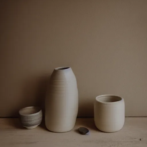 Prompt: ceramics set on a beige stool, 3 5 mm f / 2. 4