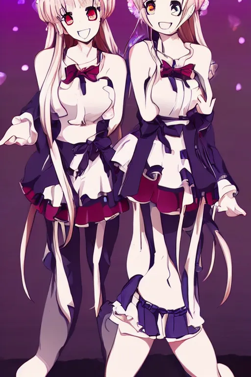 Image similar to two beautiful female idols with twintails standing chest to chest on stage, detailed anime art