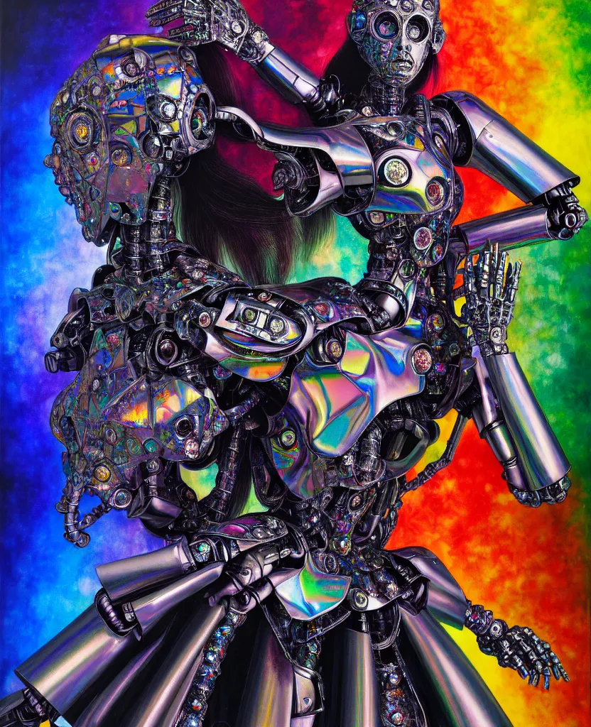 Image similar to realistic detailed image of ultra wrathful rainbow diamond iridescent mega chromed female robot, depth perception, depth of field, action horror by ayami kojima, neo - gothic, gothic, part by adrian ghenie and gerhard richter. art by hajime sorajama, masterpiece