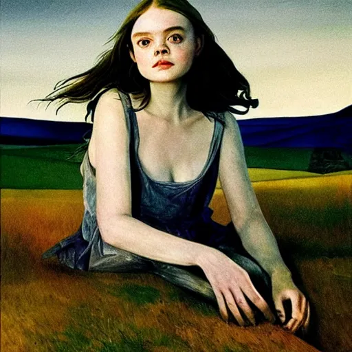 Prompt: Elle Fanning in the painted world of The Road, head and shoulders masterpiece, apocalypse, golden hour, cosmic horror, artstation, in the style of Andrew Wyeth and Edward Hopper and Bosch, extremely detailed