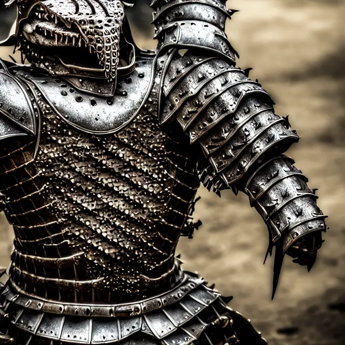 Image similar to photo of a warrior with metal crocodile themed armour, highly detailed, 4 k, hdr, smooth, sharp focus, high resolution, award - winning photo