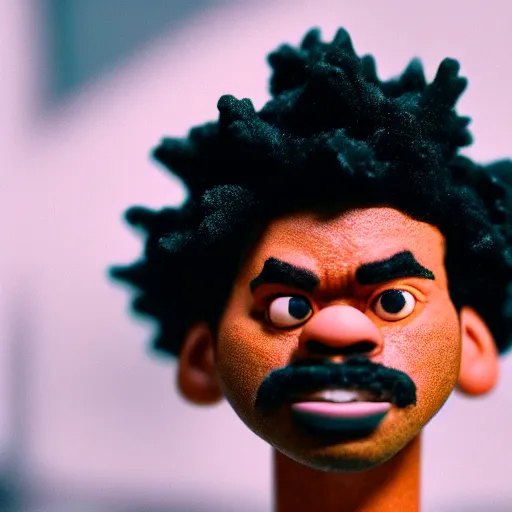 Image similar to a cinematic film still of a claymation stop motion film starring chance the rapper as a college student, shallow depth of field, 8 0 mm, f 1. 8