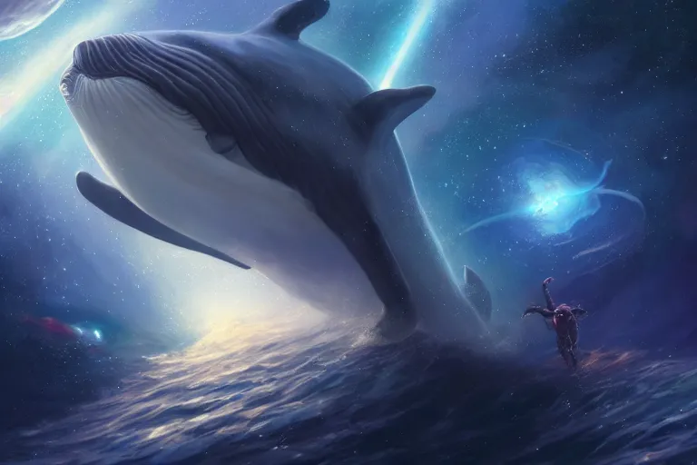 Image similar to a giant whale floating in outer - space, galaxies, stars, planets, star dust, ultra detailed, realistic, octane render, jesper ejsing, james jean, justin gerard, tomasz alen kopera, cgsociety, fenghua zhong, makoto shinkai, highly detailed, rim light, art, cinematic lighting, very coherent, 8 k