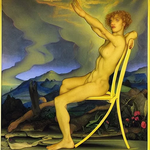 Image similar to beautiful by evelyn de morgan, by raphael, by david wiesner electric yellow. a land art of a metal chair with a seatbelt attached to it. the chair is placed in the center of a room & the seatbelt is used to strap a person into the chair. the person is then unable to move & at the mercy of the chair.