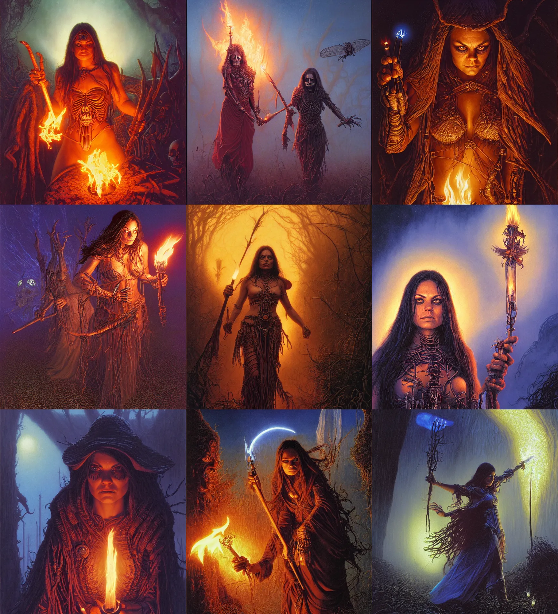 Prompt: priestess sorceress mila kunis action close - up portrait as skeletons approach, fog, fireflies, torch light, donato giancola, tim hildebrandt, wayne barlow, bruce pennington, larry elmore