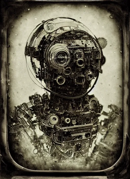 Image similar to old wetplate daguerreotype portrait of futuristic robot, dubbel negative exposure, explosion of data fragments, fractal, intricate, elegant, highly detailed, parallax, leica, medium format, subsurface scattering, by jheronimus bosch and greg rutkowski and louis jacques mande daguerre
