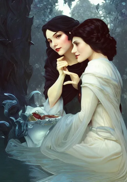 Prompt: snow white and evil queen, intricate, elegant, highly detailed, digital painting, artstation, concept art, smooth, sharp focus, illustration, art by artgerm and greg rutkowski and alphonse mucha and william - adolphe bouguereau