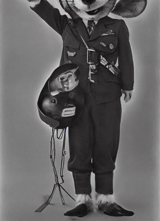 Prompt: Chuck E. Cheese mascot grainy 1940’s WWII military portrait of an anthropomorphic rat animatronic dressed like a soldier, professional portrait HD, mouse, Chuck E. Cheese head, authentic, mouse, costume weird