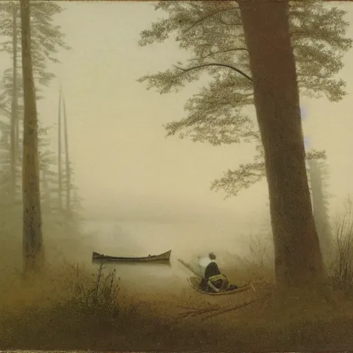 Image similar to hunter sitting in a canoe, alone in the wilderness, foggy, misty morning, early spring, boreal forest, 19th century