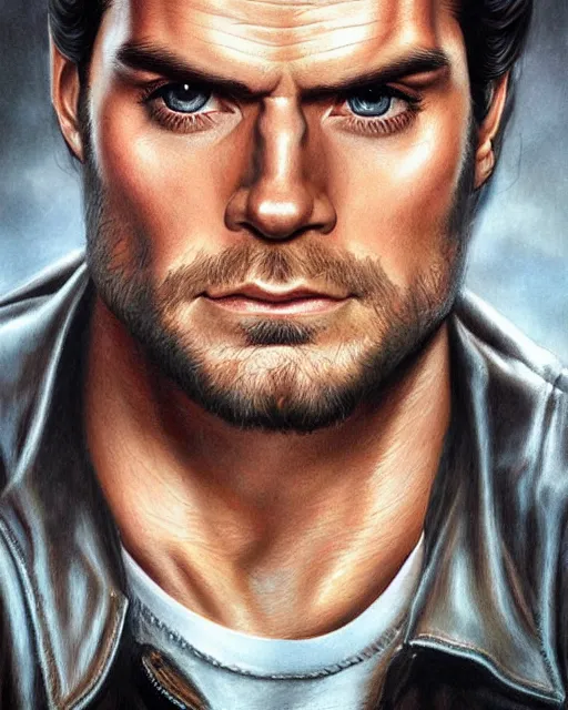 Image similar to portrait of henry cavill, gritty, dark, wearing a leather jacket, very detailed eyes, hyperrealistic, very detailed painting by Glenn Fabry, by Joao Ruas, by Artgerm