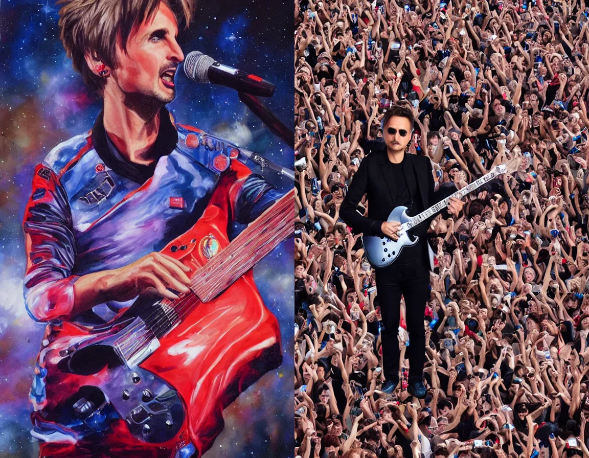 Prompt: Matt bellamy portrait, with a spacex suit playing a solo guitar among a huge crowd of fans in mars