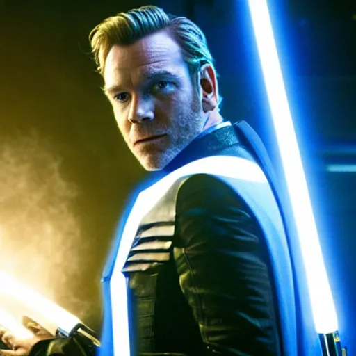 Image similar to film still of ewan mcgregor as a force ghost, star wars, blue ghost, transparent, epic lighting, highley detailled, kodak film