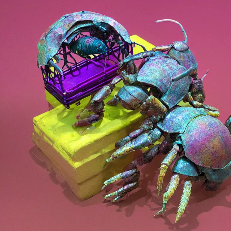 Image similar to hyperrealistic sculpture of a knobbed whelk hermit crab dusted with magenta and hunter green spraypaint in a grid cage on a pedestal by ron mueck and duane hanson and lee bontecou, hyperrealistic dramatic colored lighting trending on artstation 8 k