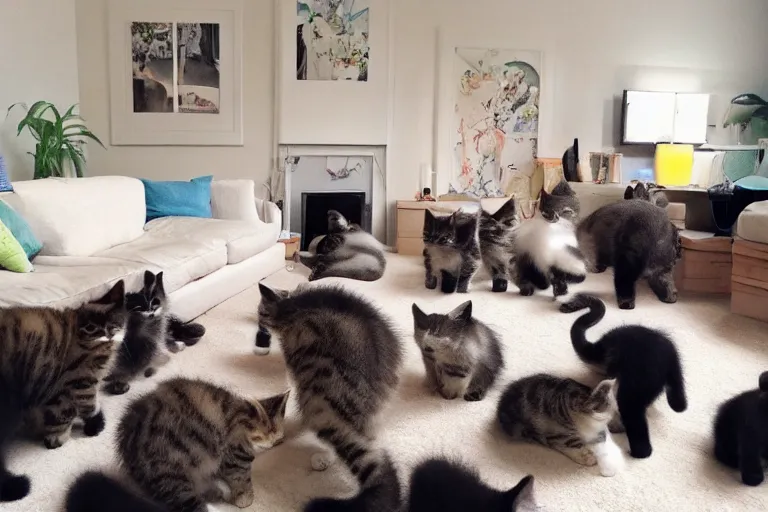 Prompt: a living room full of cute kittens