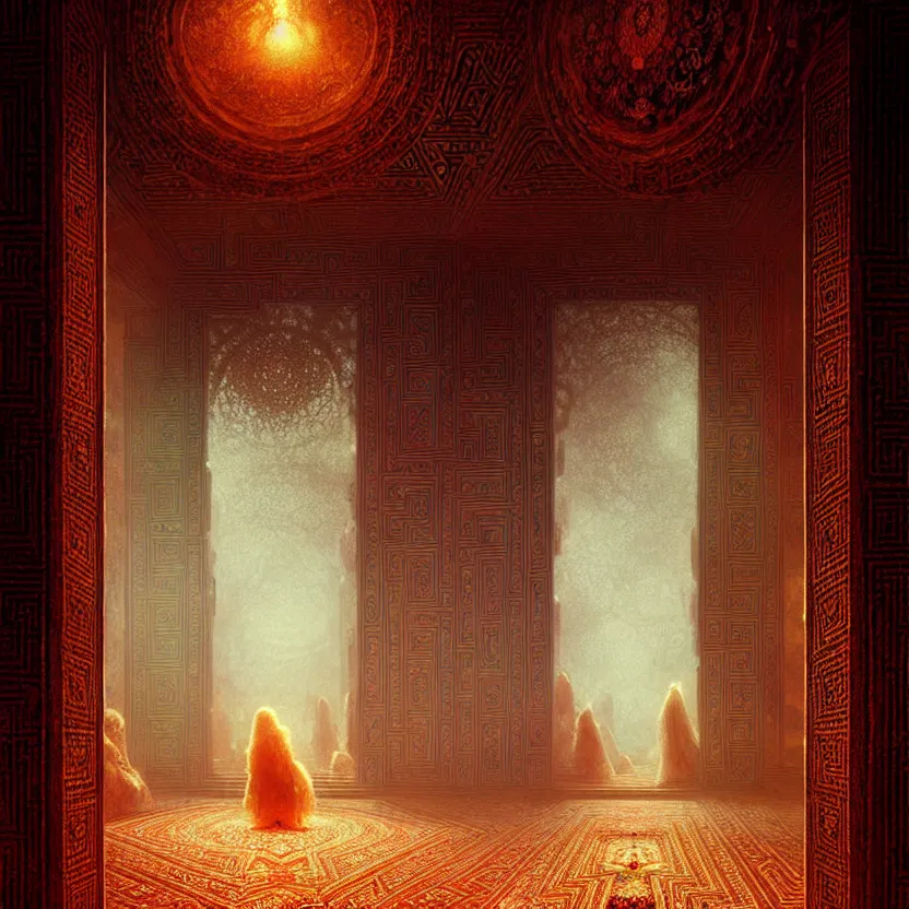 Image similar to magic fluffy Persian carpet & mirror dimension, vertical labyrinth structure, by Greg Rutkowski and Gaston Bussiere, dim lighting, beautiful volumetric-lighting-style atmosphere, surreal atmosphere, intricate, detailed, photorealistic imagery, artstation