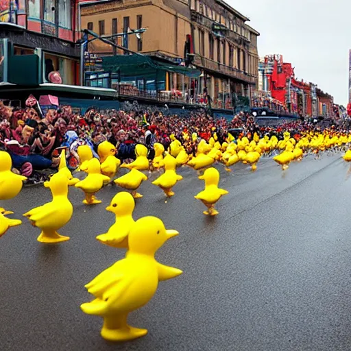 Prompt: rubber ducks racing in a marathon