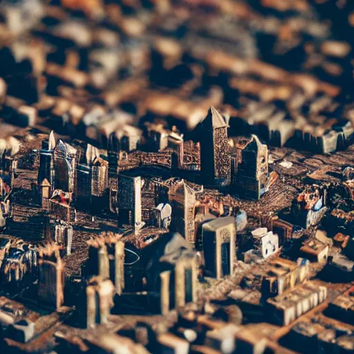 Prompt: macro photo of a miniature secret hidden world with tiny buildings and people