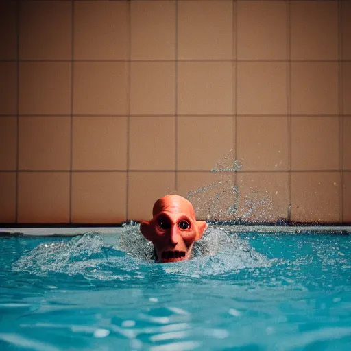Image similar to portrait of nosferatu swimming in a swimming pool, sport photography