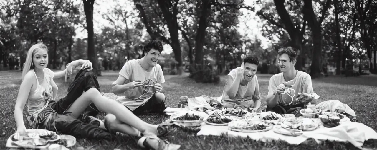 Prompt: young couple enjoying a spaghetti picnic in the park, high detail, perfect face, canon 5 0 mm, cinematic lighting, photography, retro, film, kodachrome