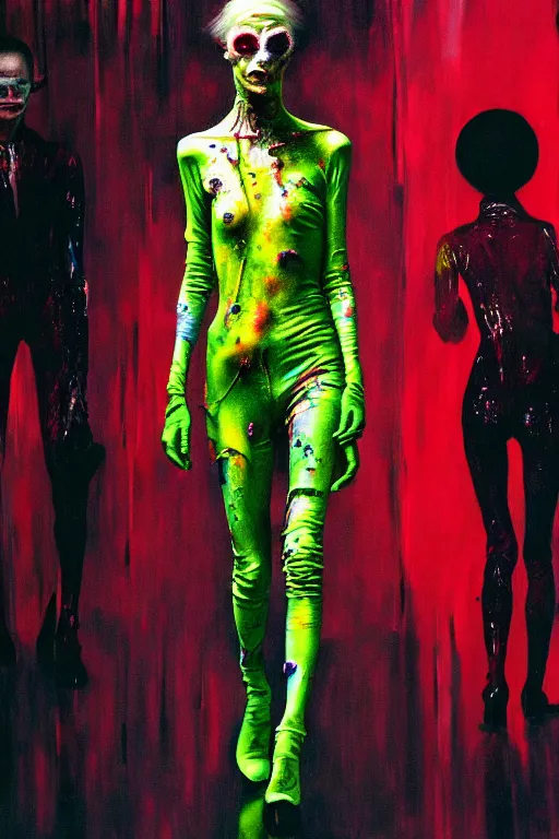 Image similar to crazy fashion catwalk, one model, crazy clothes, biopunk style, horror, clothes look like slime, hauntingly surreal, highly detailed painting by francis bacon, edward hopper, adrian ghenie, gerhard richter, and james jean soft light 4 k,