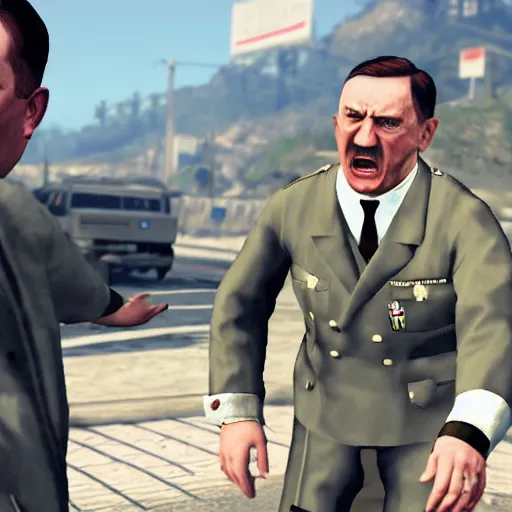 Prompt: still of adolf hitler screaming at people in gta v