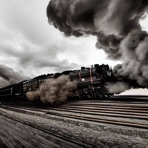 Image similar to train with steam locomotive leaving the station, dramatic cinematic angle and lighting, low angle camera, slow shutter light streaks