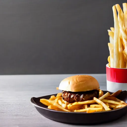 Prompt: a hamburger and side of fries, cookbook photo, good composition