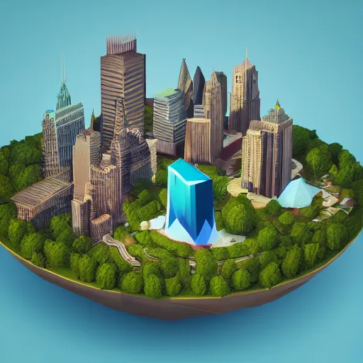 Prompt: manhattan on a floating island in the sky, low poly art, isometric art, 3d render, ray tracing, waterfall, high detail, artstation, concept art, behance, smooth, sharp focus, ethereal lighting