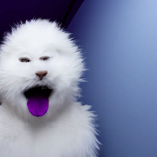 Prompt: a photo of a white fur monster standing in a purple room