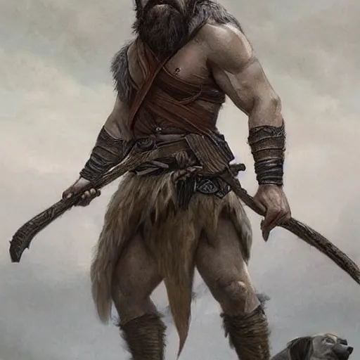 Prompt: portrait of a gruff ranger holding a spear, accompanied by a wolf dog, muscular, upper body, hairy body, D&D, fantasy, intricate, elegant, highly detailed, digital painting, artstation, concept art, matte, sharp focus, illustration, art by Artgerm and Greg Rutkowski and Alphonse Mucha