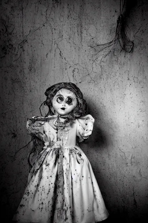 Prompt: dirty cracked screaming vintage doll maggots in eyes in darkly lit dusty basement cobwebs richard avendon photo