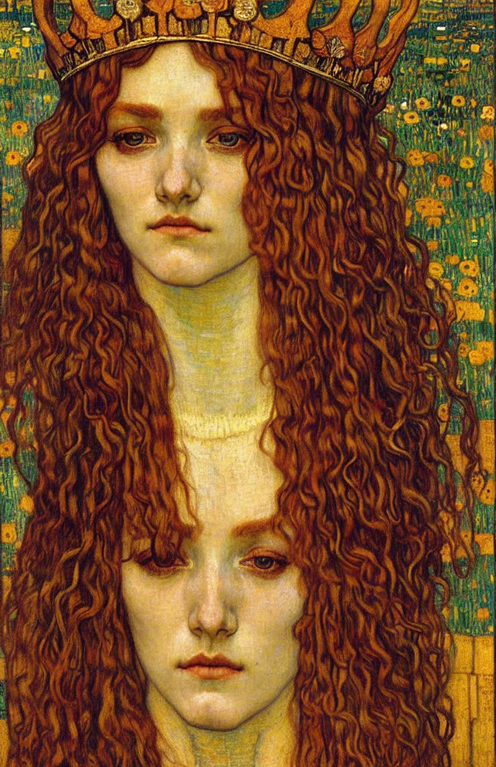 Image similar to detailed realistic beautiful young medieval queen face portrait by jean delville, gustav klimt and vincent van gogh, art nouveau, symbolist, visionary, gothic, pre - raphaelite, muted earthy colors, desaturated