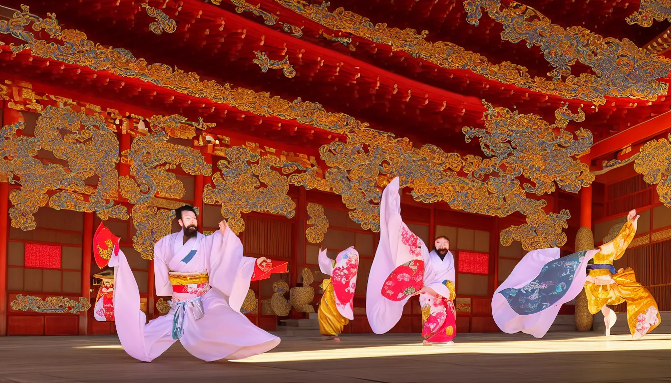 Prompt: volumetric lighting, flowing shimmering fabrics, emerging gong vibrations ,kimono dancers spinning around gracefully, an ancient male bearded face , inside a small highly detailed interesting traditional Japanese Royal ornate temple , full colour , upscale , 4k