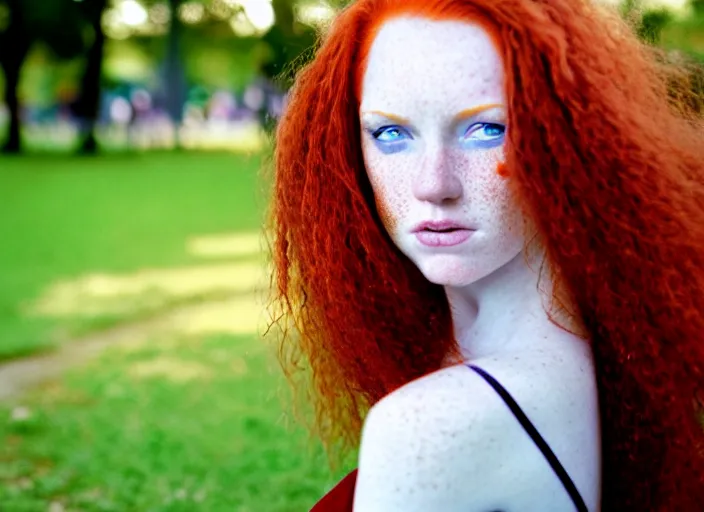 Image similar to award winning 8 5 mm close up face portrait photo of a redhead with deep red hair, freckles and blue eyes in a park by luis royo.