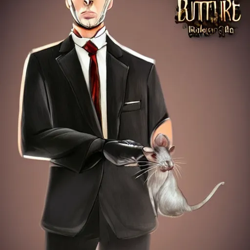 Prompt: urban fantasy butler that looks similar to michael kane, handsome, photorealistic, 4 k, oil painting filter, balding, well dressed, pet rat on shoulder