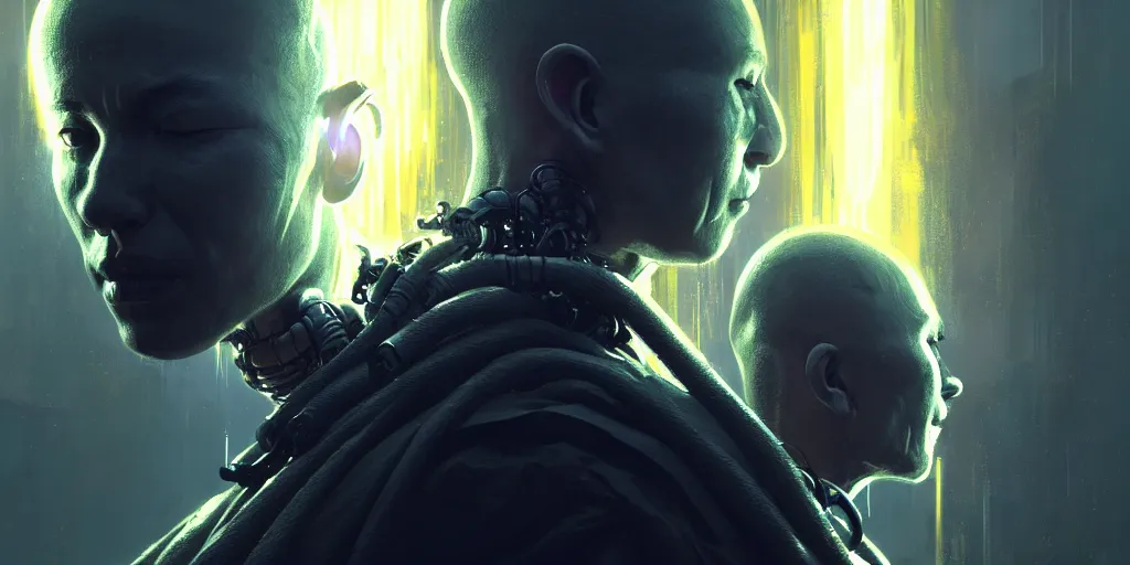 Image similar to meditating monk with mohawk and cybernetic enhancements, scifi character portrait by greg rutkowski, craig mullins, cinematic lighting, dystopian scifi outfit, profile picture, mechanical, cyborg, half robot ultra realistic 8 k resolution.