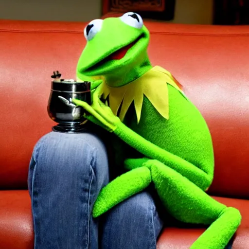 Image similar to candid photo of kermit the frog sitting on the couch holding a bong, kermit the frog in ted ( 2 0 1 2 ) bong rip, kermit the frog, high resolution photo, trending on artstation, interior design, bong!!!!,