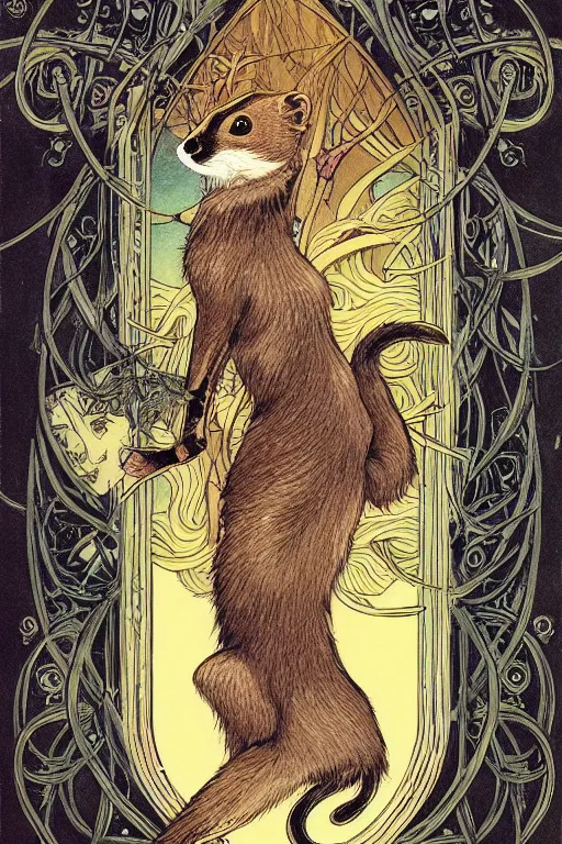 Image similar to Tarot card illustration of The Stoat, illustration by Ayami Kojima, furry art, art nouveau style, 4k