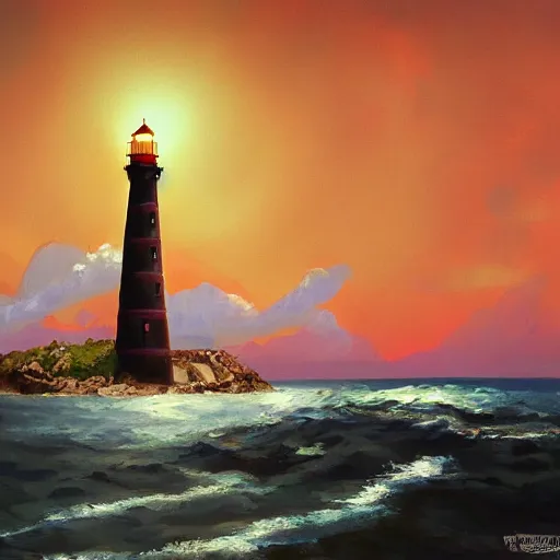 Image similar to painting of islands of adventure lighthouse, artstation