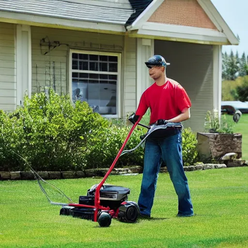 Prompt: Homelander from The Boys mowing his lawn, photo