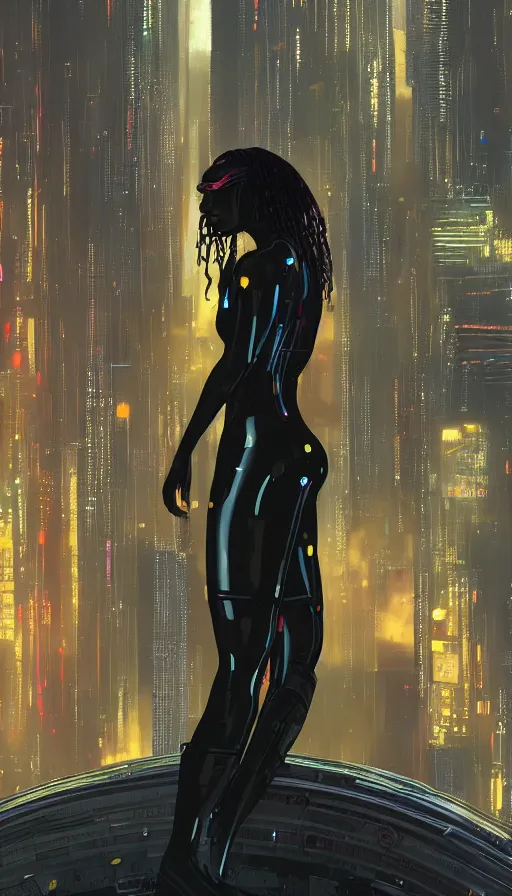 Image similar to a beautiful young Black woman, cyberpunk, Blade Runner city background, highly detailed, artstation, illustration, art by Gustav Klimt