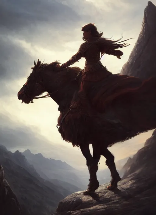 Image similar to warrior queen riding steed alongmountain ridge, silhouetted, backlit, epic atmosphere, in the style of greg rutkowski, artstation,