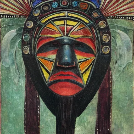 Prompt: head of a shaman wearing a mask made of enamelled flowers, by annie swynnerton and jean delville and john watkiss and rufino tamayo and diego rivera, art deco shaman, stylized geometric flowers, art brut, symbolist, dramatic lighting, god rays, clean crisp graphics, smooth sharp focus, extremely detailed, adolf wolfli